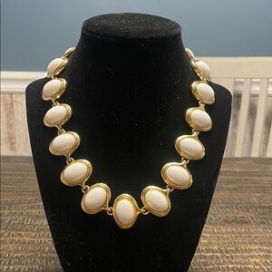 80s 90s Choker Necklace White Cabochons and Gold Tone Link Retro Necklace